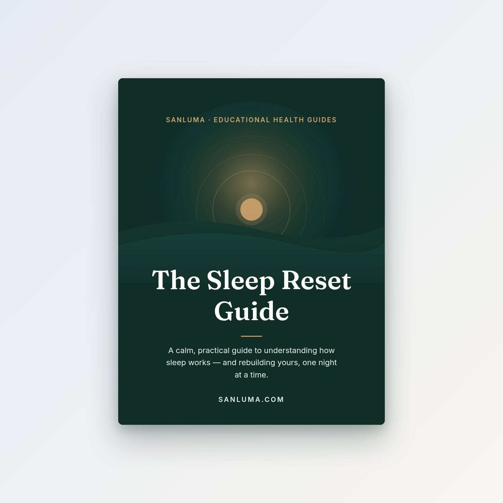The Sleep Reset Guide — educational sleep PDF guide by SanLuma, dark green cover with golden dawn illustration